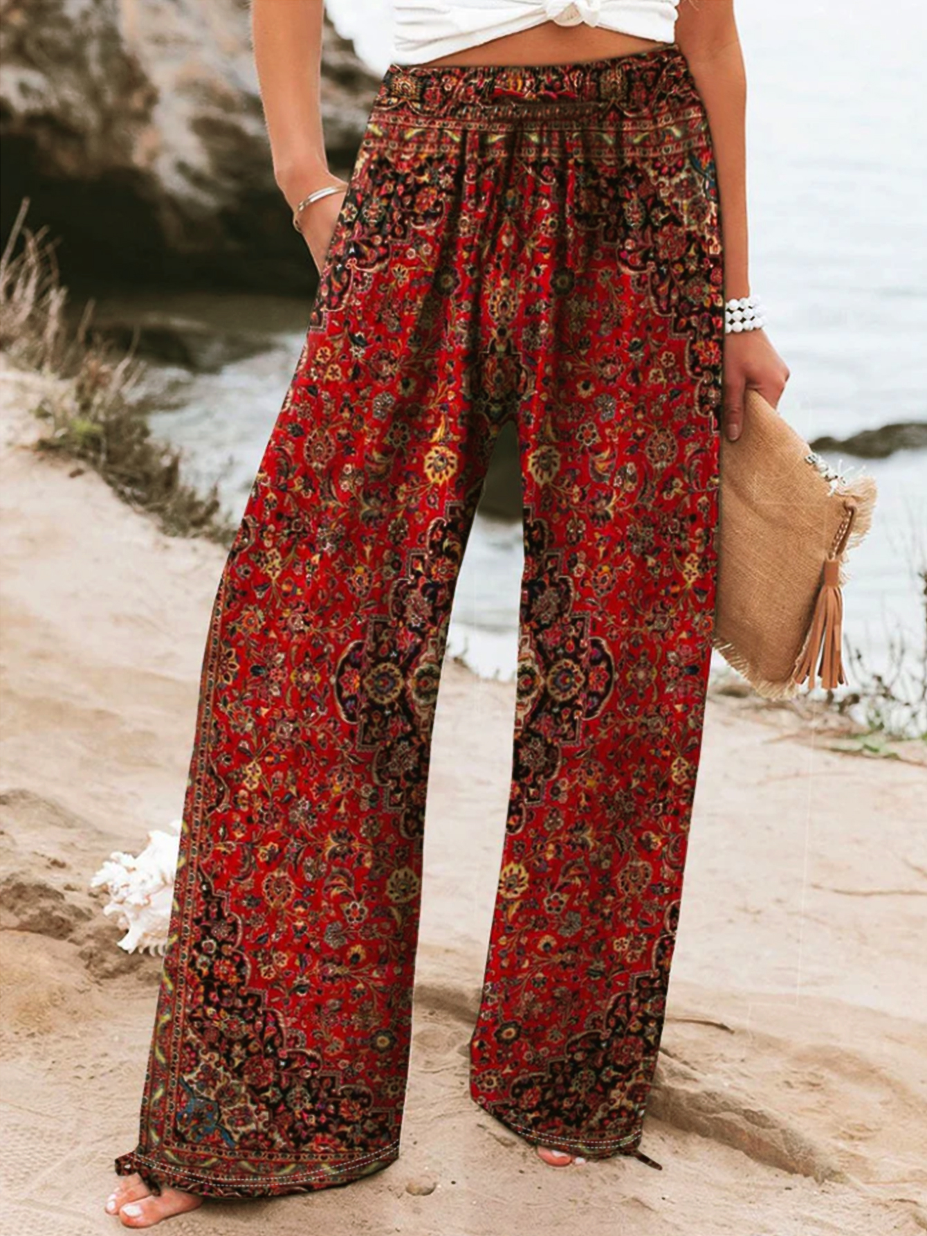 Women's Spring Autumn New Retro Ethnic - Style Wide - Leg Pants - Fashionable Casual Pants with Pockets-CF40654