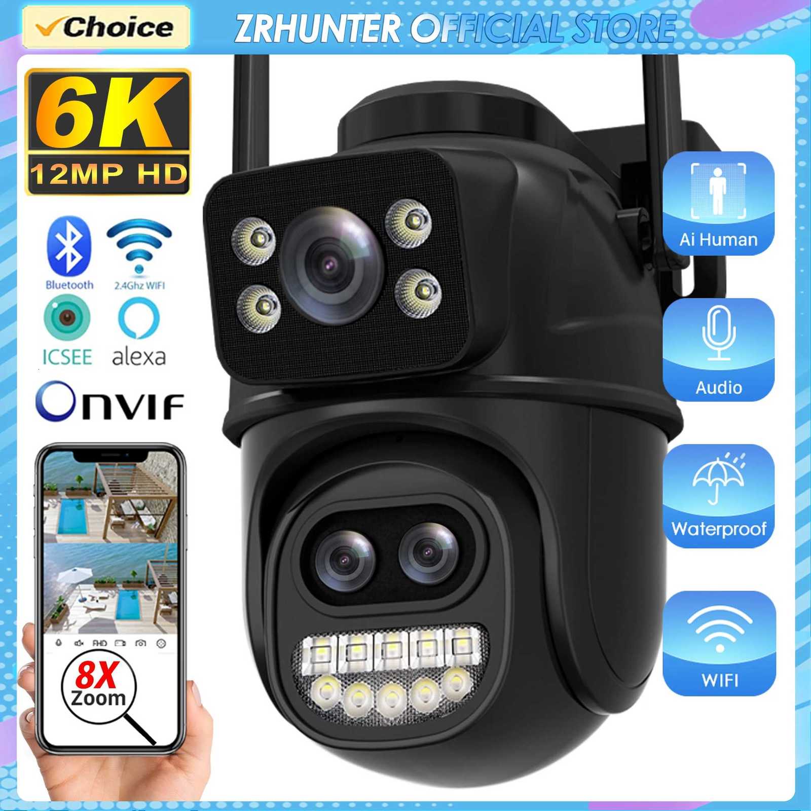 IP Camera 12MP 6K WiFi Outdoor Camera 8x Zo Three Lens Dual Sn Auto Tracking He Security CCTV Surveillance Camera ICSEE D251010