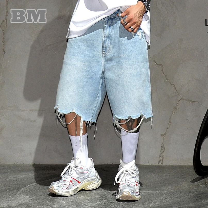 Rough American streetwear Selvedge ripped Jorts Korean hiphop blue denim shorts trend mens summer skateboarding jeans 240830