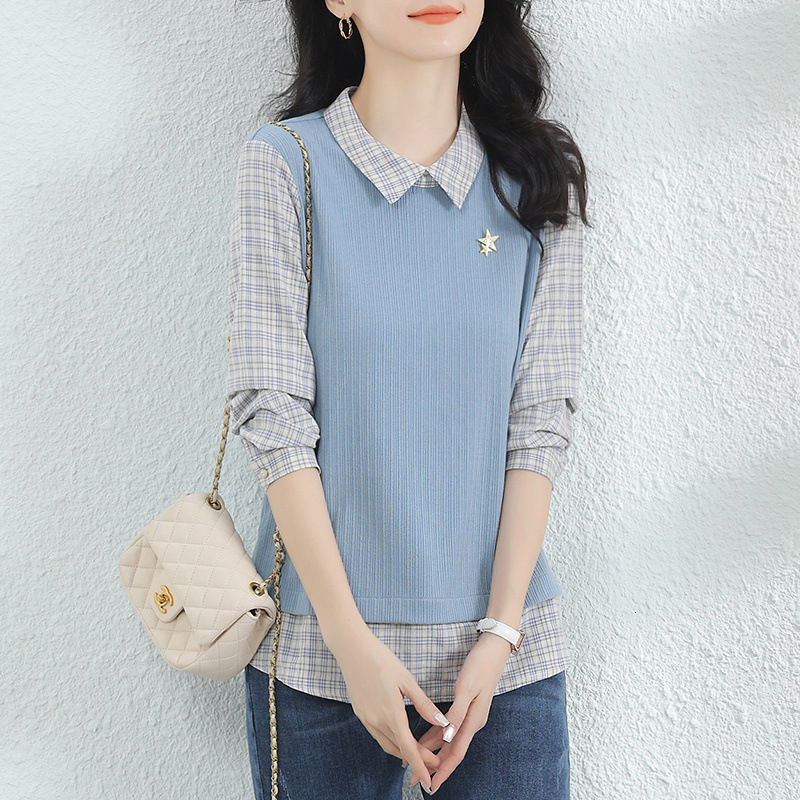 Two-piece Polyester-spandex Designer Shirt Blend And Autumn New Style Shirt Sleeve Two-piece Base Designer Hoodie Shirt For Women Color Block