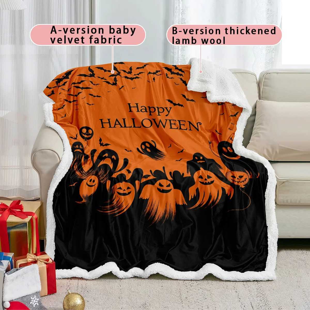1pc Halloween Ghost Print Imitation Lamb Fleece Blanket Multi Size Living Room Nap Leisure Blanket Comfortable Machine Washable C251011