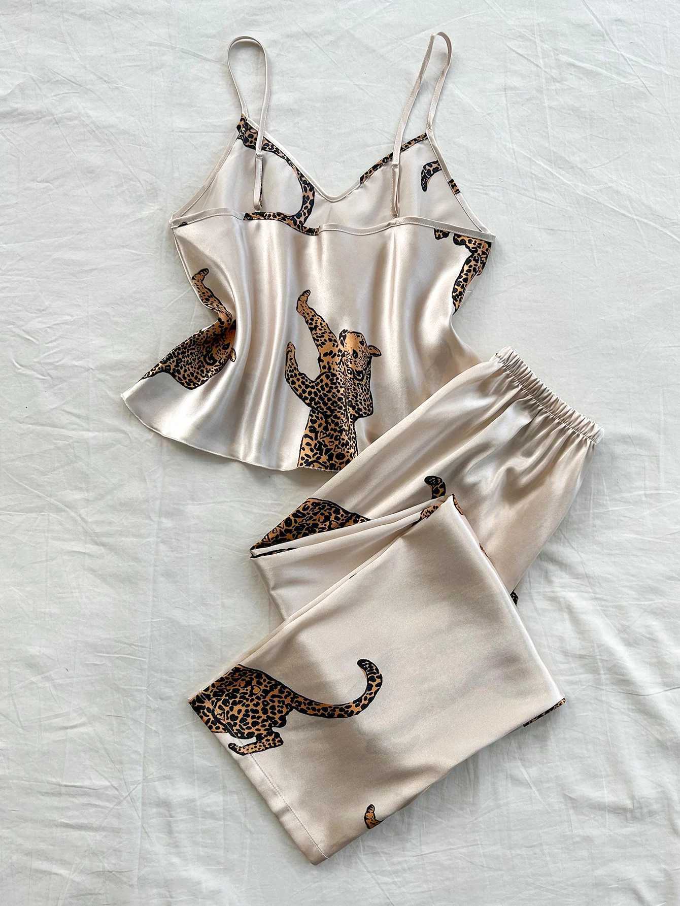 Comfortable Fashionable 2pcs VNeck Leopard Print Suspender Long Pants Pajama Set Y251010