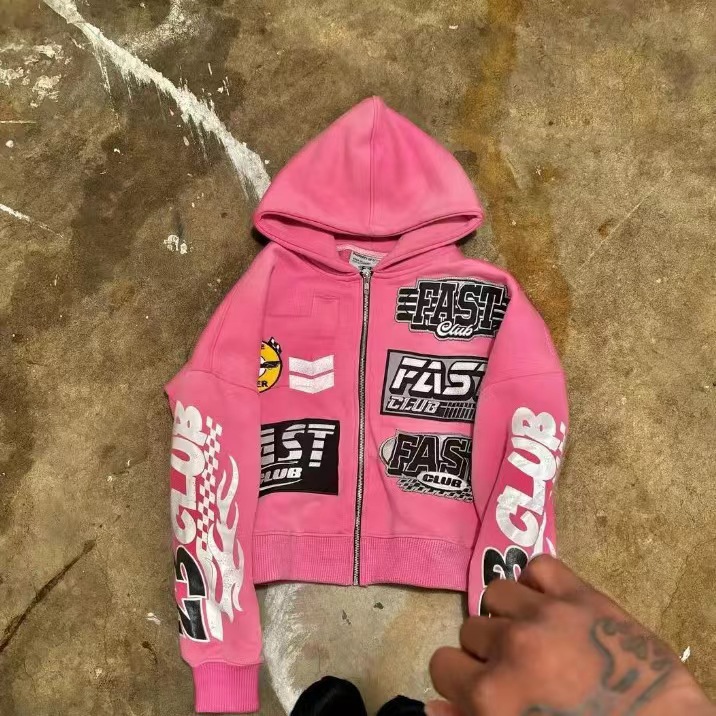 Fashion letter printing design zipper oversized pink hooded sweatshirt for men Y2K street fashion hiphop aesthetic bag sweater 240816