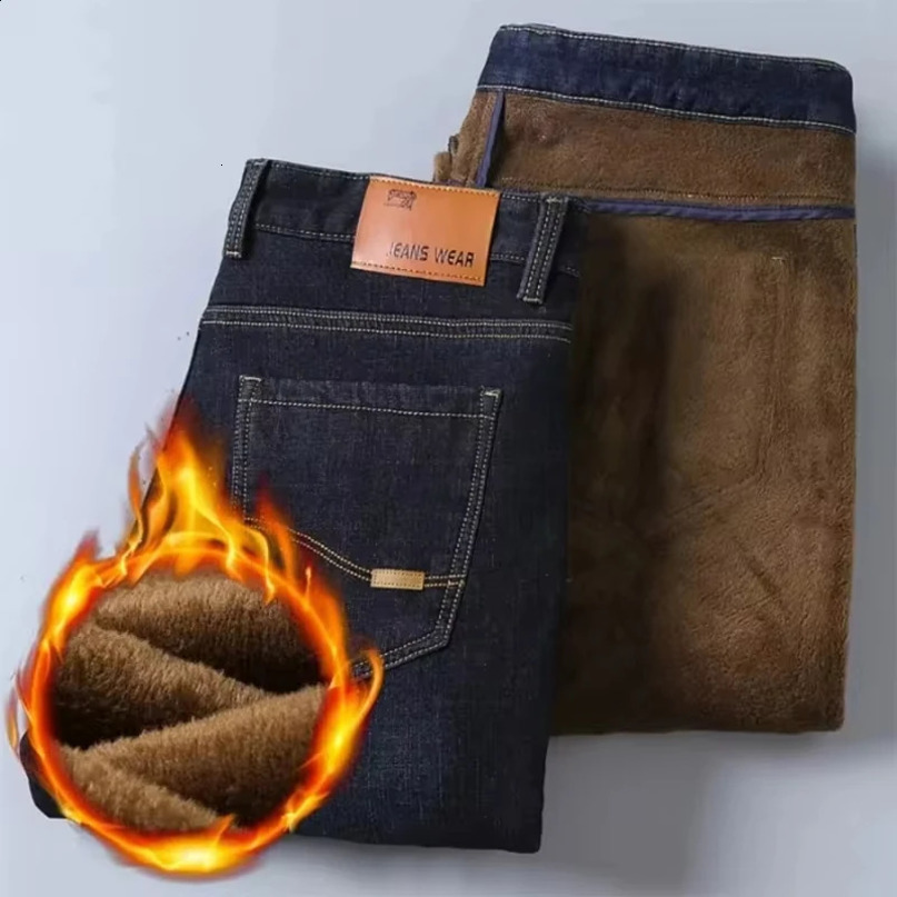 The casual trend of TRAF winter mens gold classic fashionable business jeans aprons and thick cold stretch pants 240830
