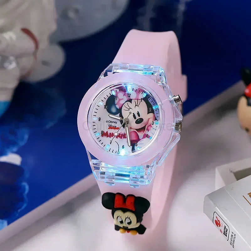 Disney Fashion Minnie Childrens Watch Mickey Mouse Childrens Flash Light Cartoon Figure Doll Boys Girls Birthday Gifts H251011