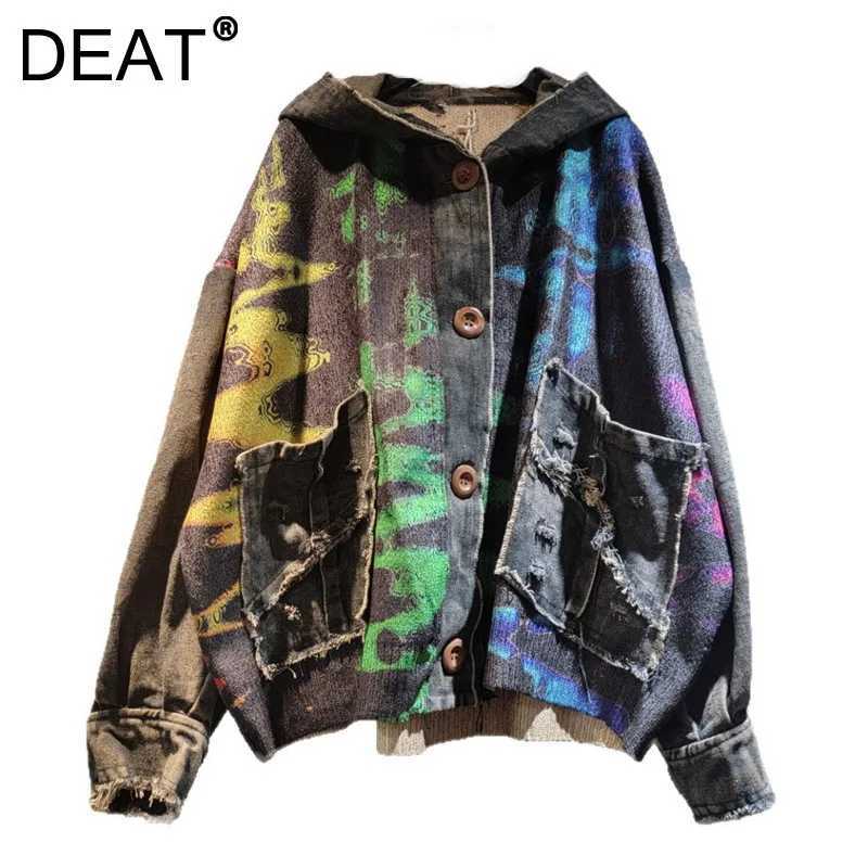 DEAT Womens Cardigan Wave Shaped Printing Patchwork Nim Loose Long Slve Knitted Sweaters 2025 New Autumn Fashion 29A3008 L251010NA66
