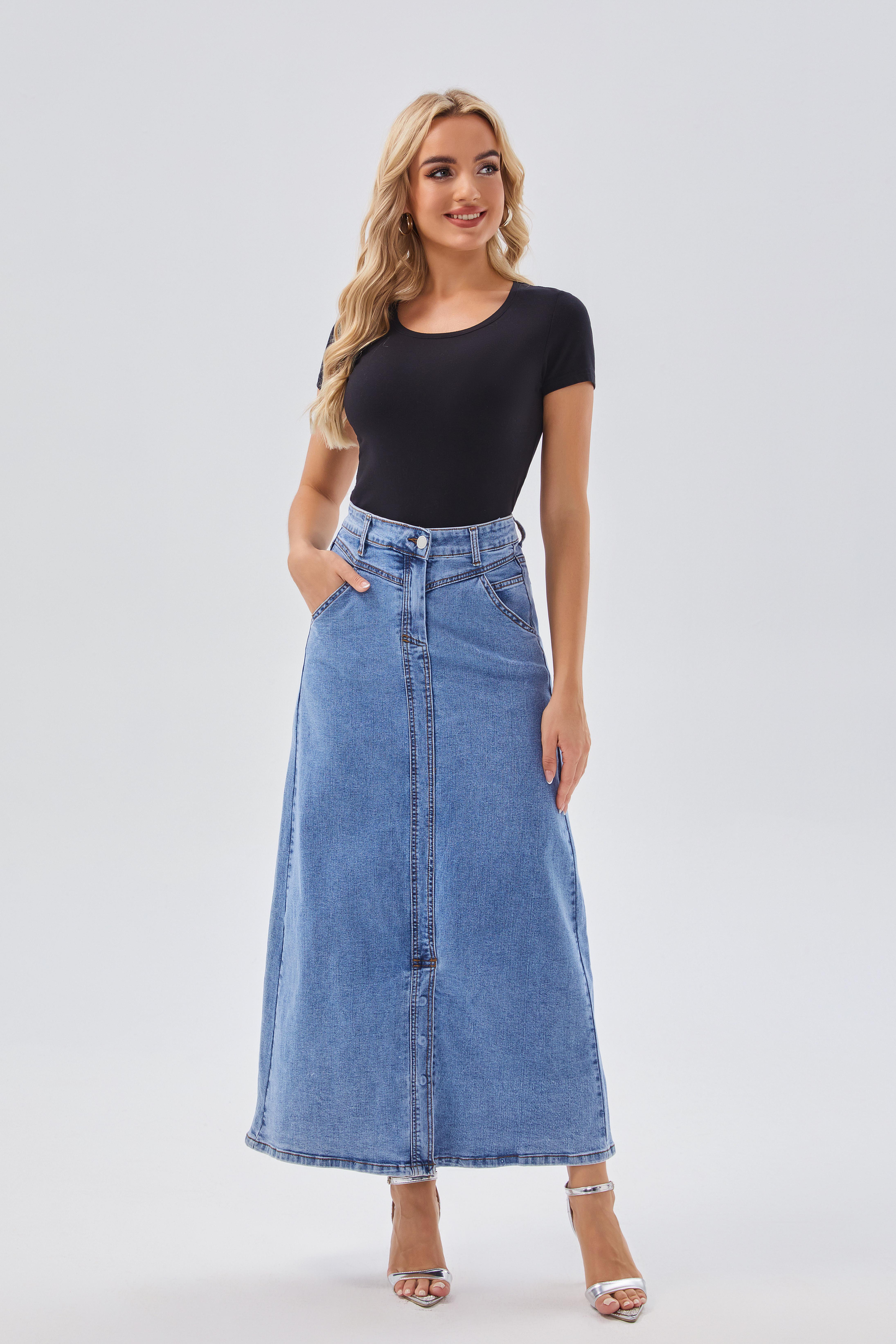 Skirts Women's High - Waisted Button - Front Denim Maxi Skirt - Casual & Versatile, Ideal for Daily & Weekend Wear
