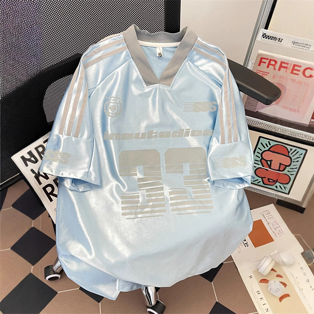 V-neck Short Sleeve T-shirt For Men Summer Trendy Loose Casual Five-sleeve Top American Style Designer Shirt Ice Silk Designer Hoodie Printed Sports Jersey