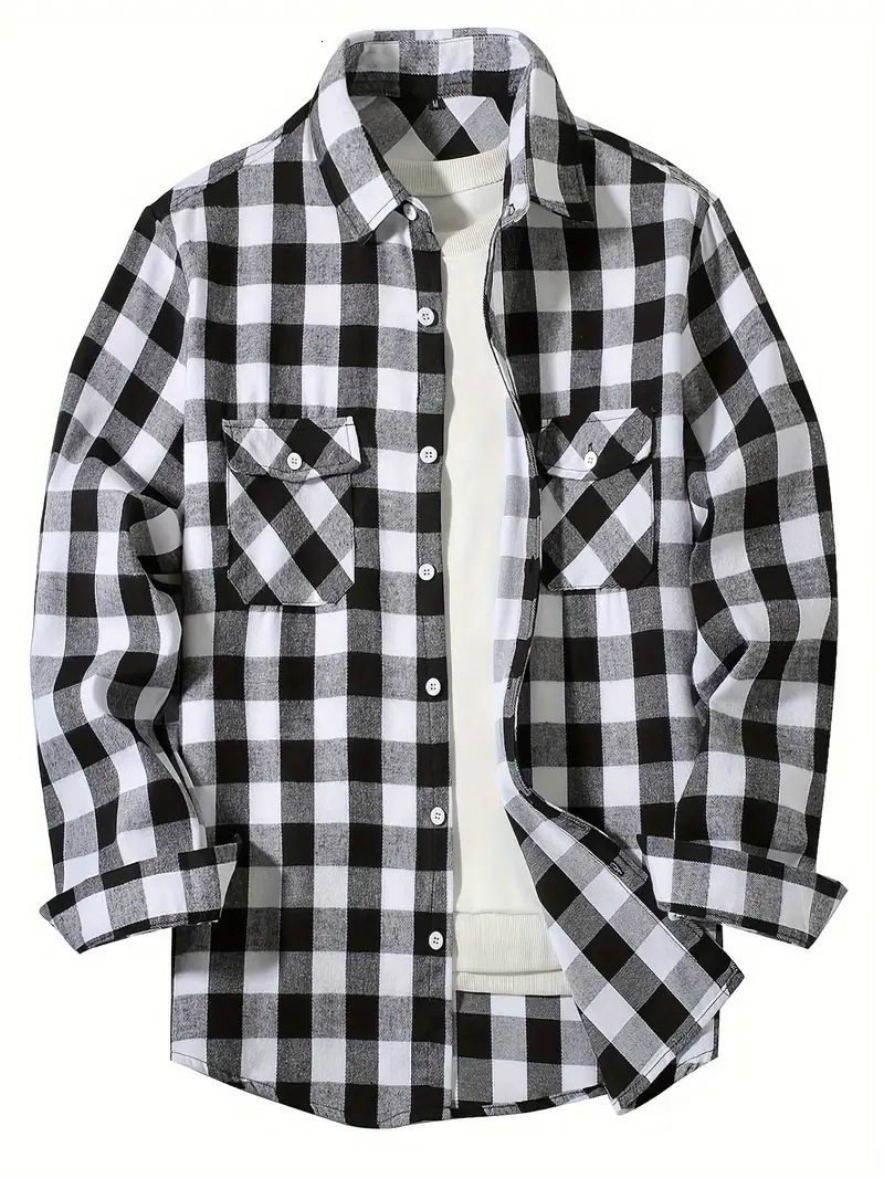 100% Cotton Loose Fit Trendy Plaid Shirt Fashion Casual Turn-down Collar Long Sleeve Shirt