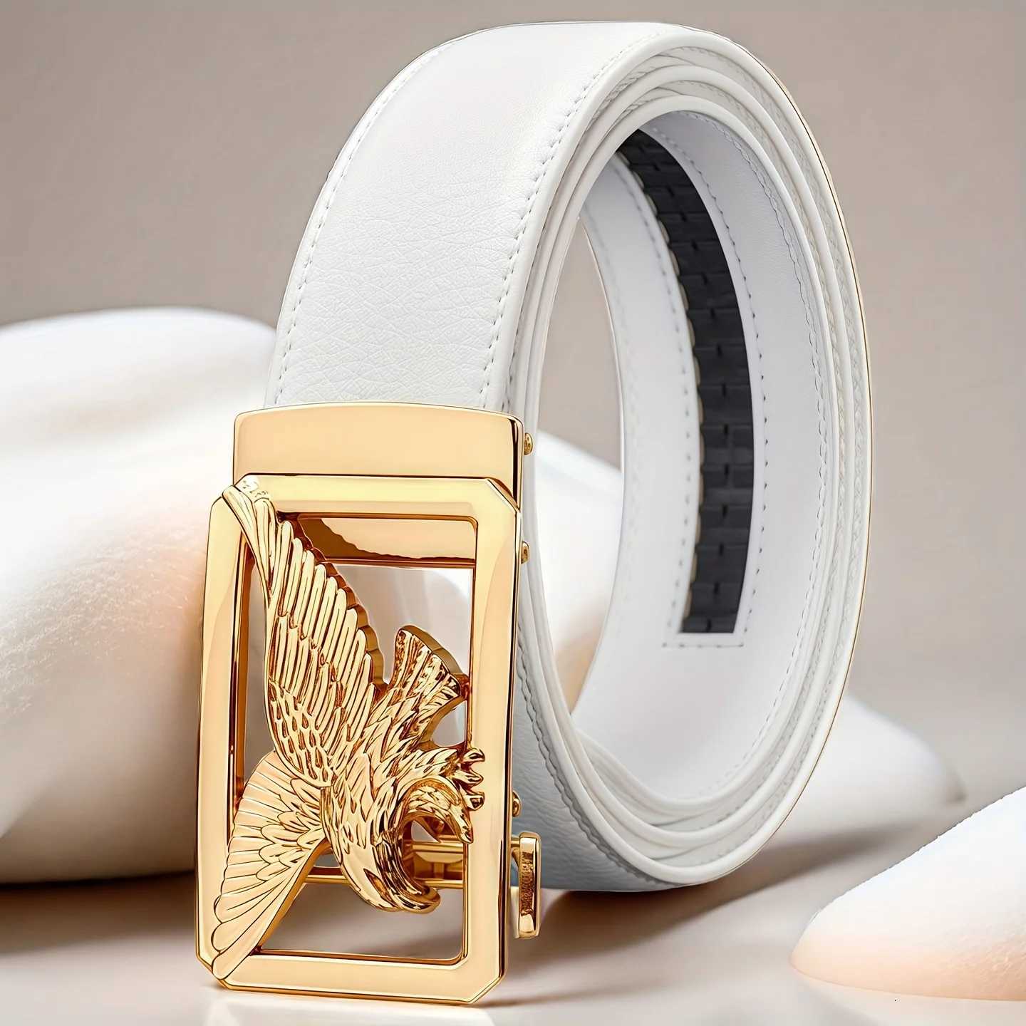 Mens White Automatic Buckle Belt with GoldenTone Metallic Design Stylish Faux Leather BusinESS Casual Belt for Men Z251011