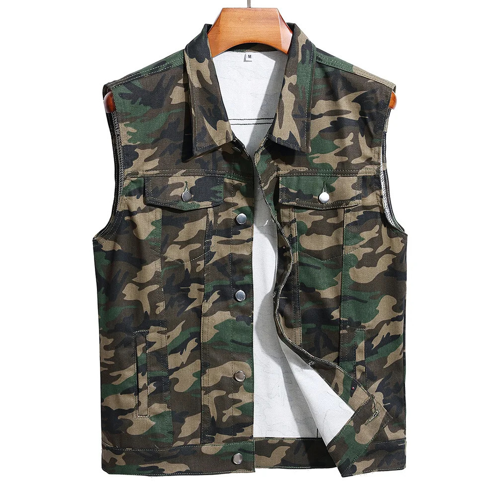 Men Camouflage Denim Vest Causal Loose Cotton Coat Streetwear Outerwear Yellow Red Green 251010