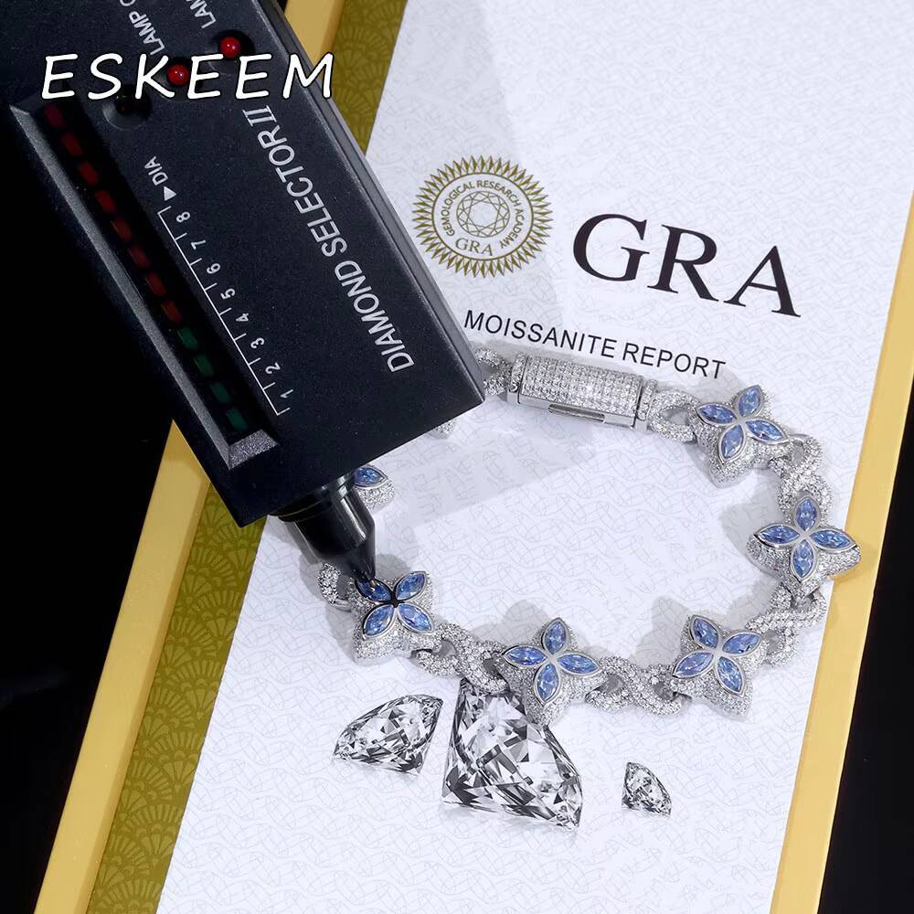 ESKEEM Blue Floral Cuban Bracelet 925 Silver Iced Out Chain VVS Moissanite Diamond Chain Bracelet Fine Jewelry for Women
