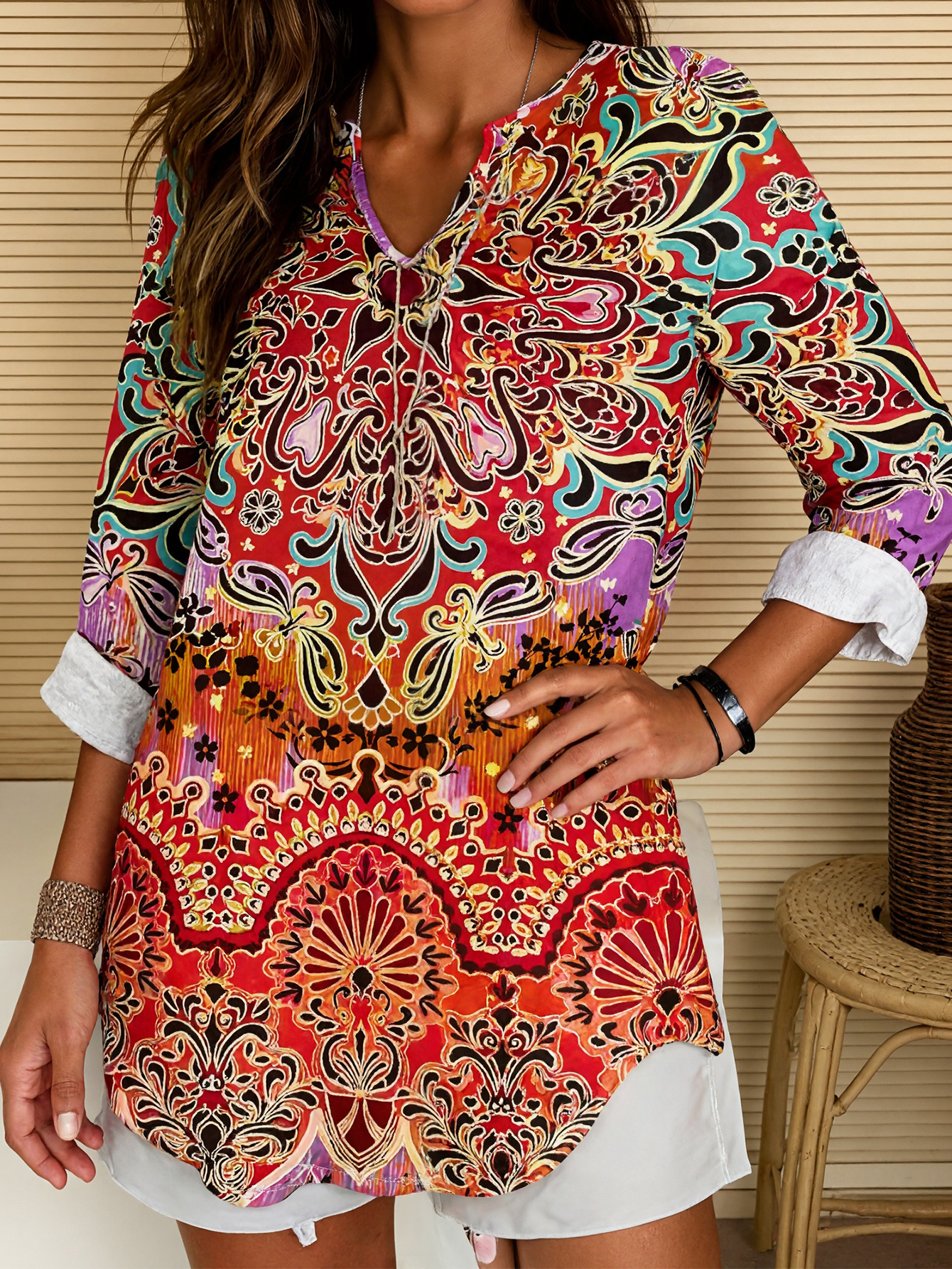Women's Autumn Winter New Printed Long - Sleeve Loose Top - Casual Vacation & Loungewear Mixed - Color Top-CF52855