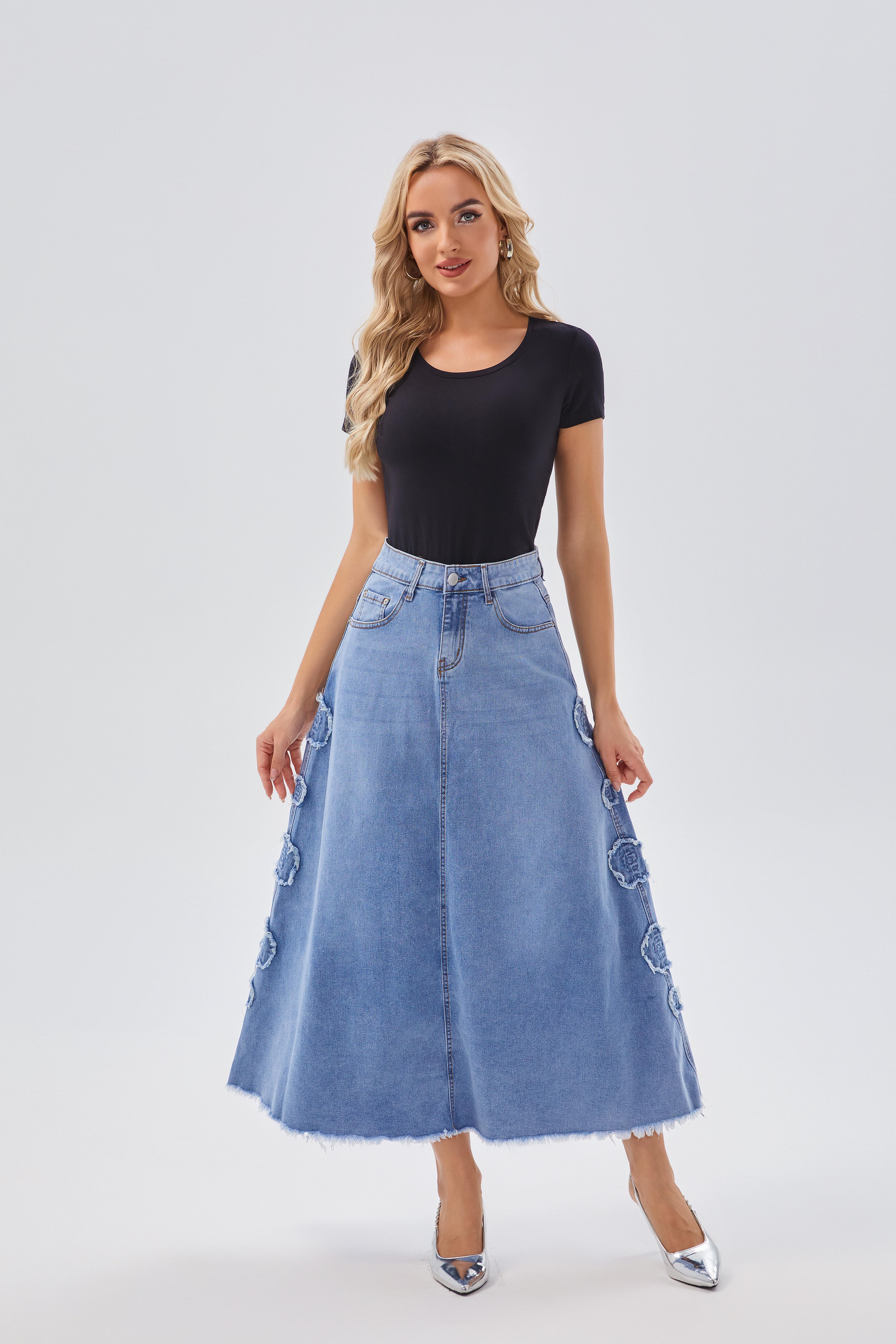 Skirts Women's High - Waisted Denim A - line Maxi Skirt with Flower Applique - Bohemian Style, Ideal for Festival & Casual Wear
