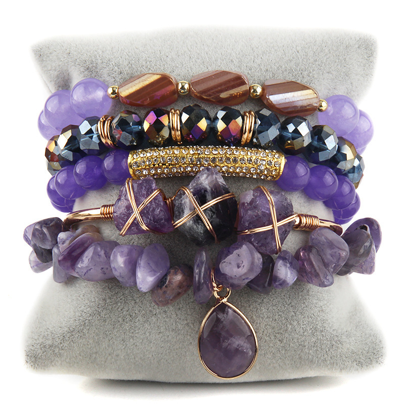 Bohemian Stack Bracelet Natural Stone Glass Mixed Crushed Stone Bracelet 5PCS Womens Bracelet Set