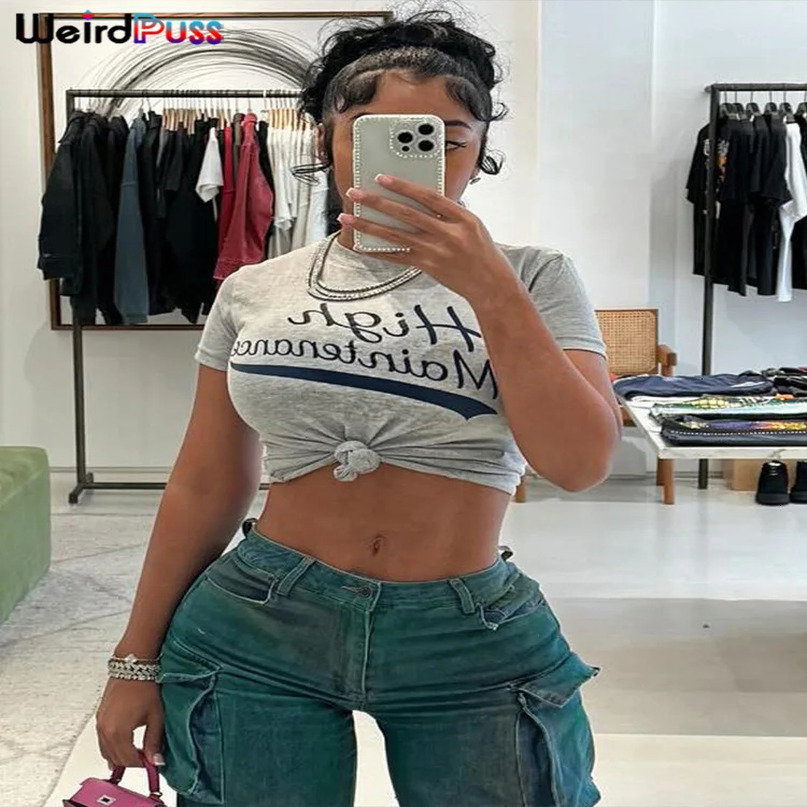 Weird Puss Letter Print TShirt Women Summer Casual Short Sleeve Knot Crop Tops Wild Streetwear Basic Stretch Soft Tees 240601