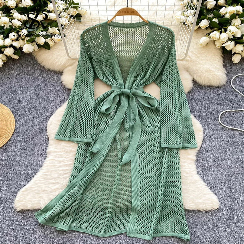 SINGREINY Women Fashion Beach Long Cardigans Summer Sleeves Solid Sashes Streetwear Ins Hollow Out Casual Outerwear 250612