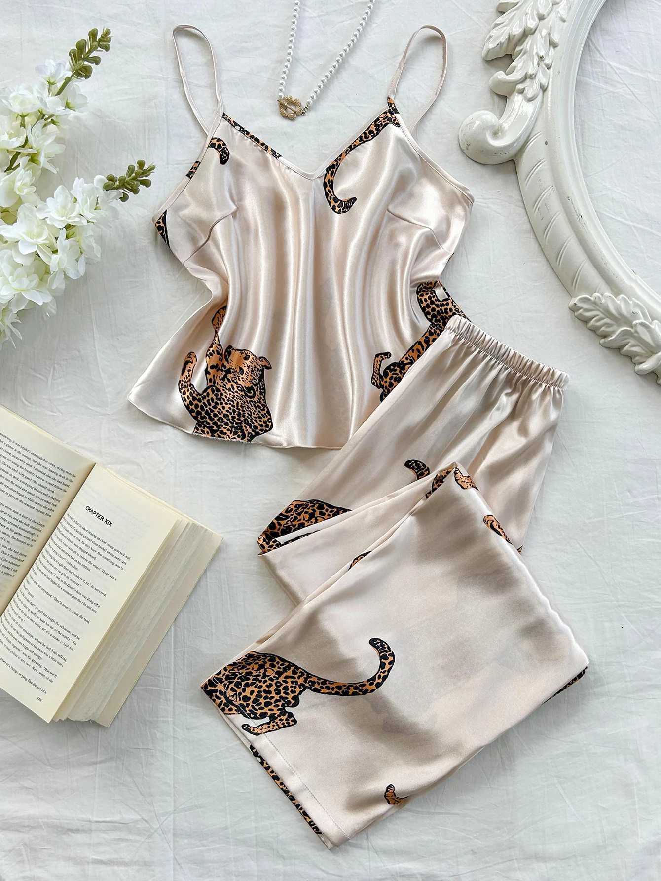 Comfortable Fashionable 2pcs VNeck Leopard Print Suspender Long Pants Pajama Set Y251010