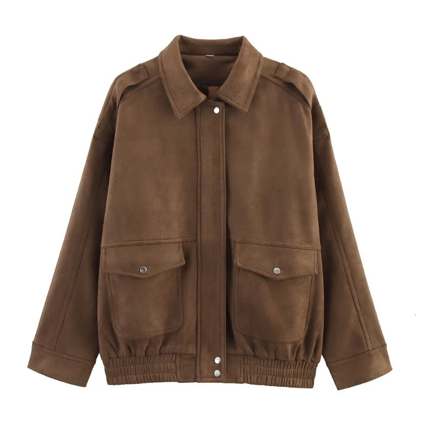 Fashion Loose Khaki Suede Jacket Women Lapel Zipper Long Sleeve Pockets Coat Female 2025 Spring Autumn Vintage High Street Tops 250827