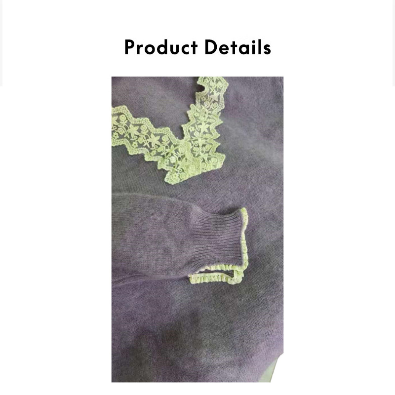 Women's Korean - Style Sweet Lace - Paneled V - Neck Sweater with Split Sleeves, Autumn Top. Soft, Highly Elastic, Adorned with Lace Trim, Ideal 