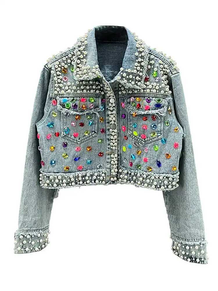 DEAT Womens Denim Coat Full Pearls Colored Beaded Crystal Long Slve Cool Burrs Female Jackets 2025 Summer New Fashion 29L4067 L251010VPV1