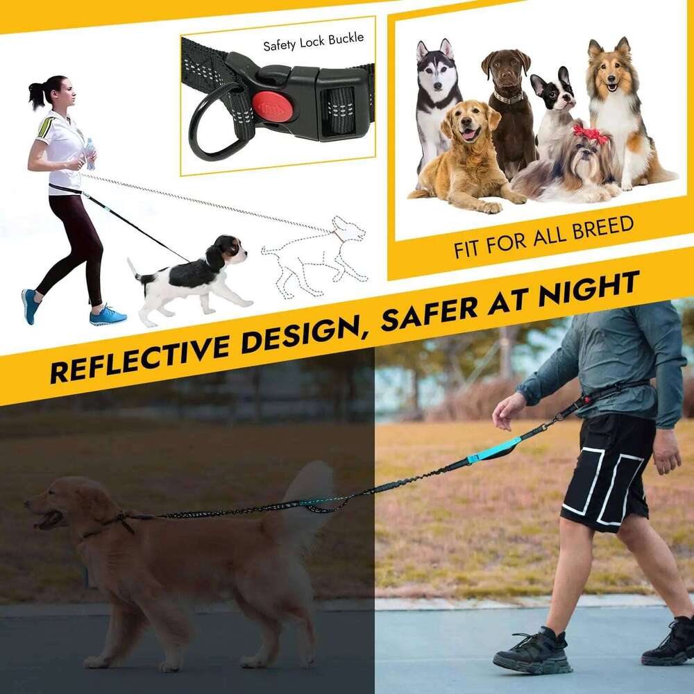 Hands-free running leash with adjustable belt, double handle elastic strap retractable rope for medium and large dog