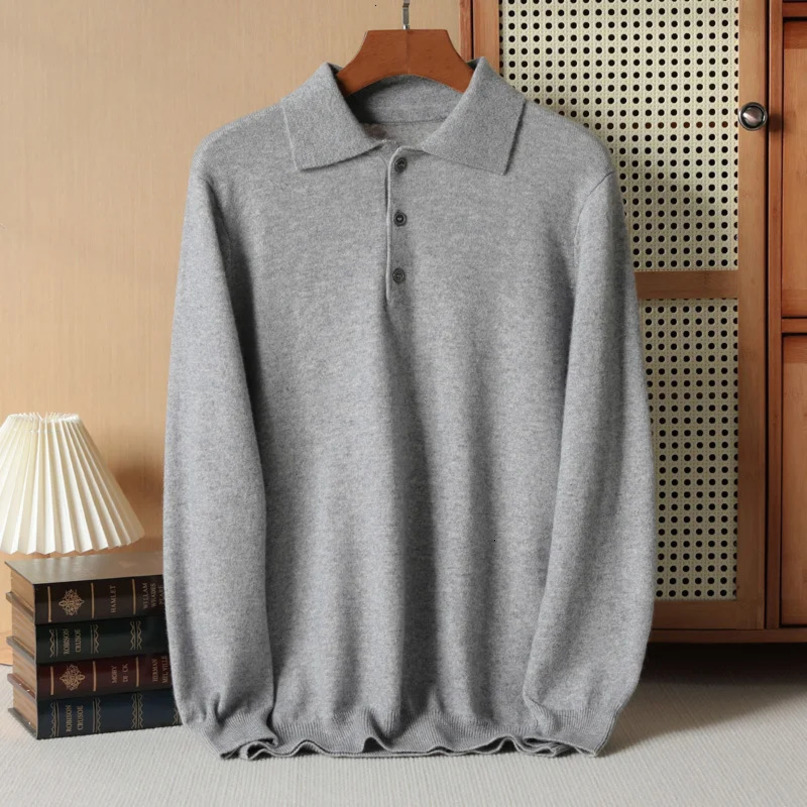 Mens 100% cashmere sweater polo shirt knitted winter soft rubber long sleeved highend warm pull autumn C 241115