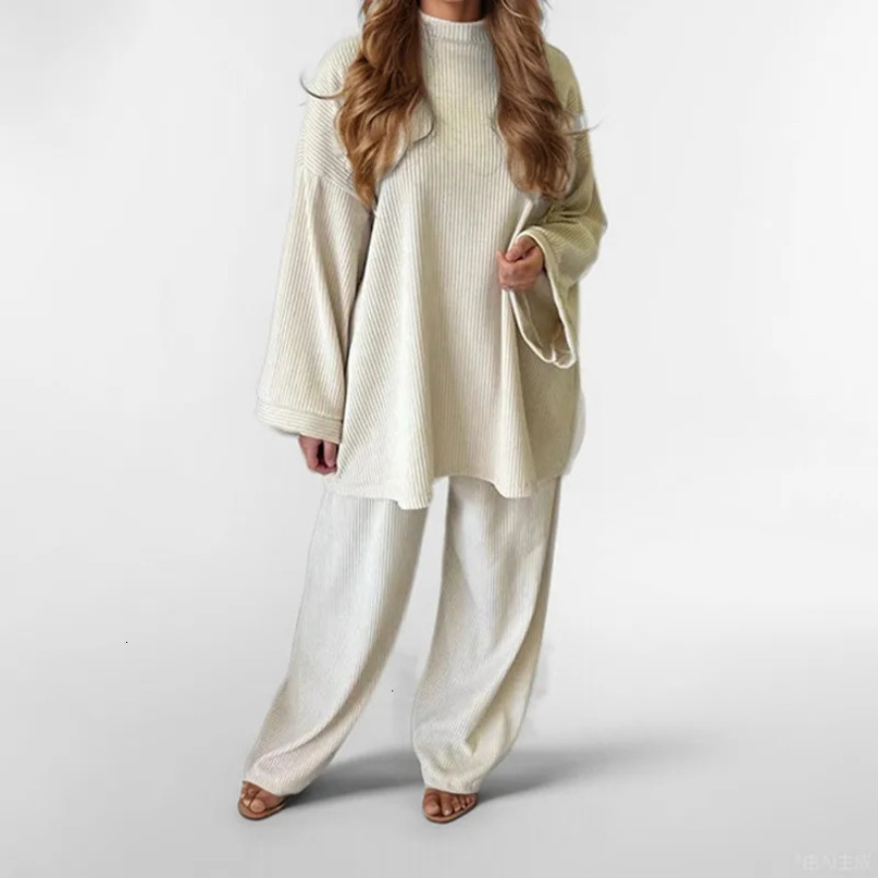 Two piece womens pants set for autumn and winter Corduroy casual solid round neck zipper loose long sleeved 241008