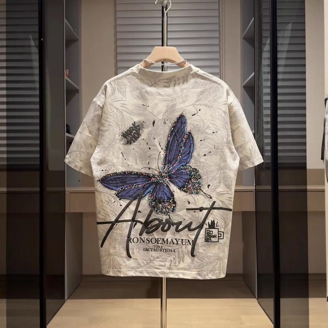 Butterfly Embroidery Print Trendy Brand Short Sleeve Designer Shirt Men's 2025 Summer New Casual Versatile Breathable Designer Hoodie T-shirt Cool Half Sleeve