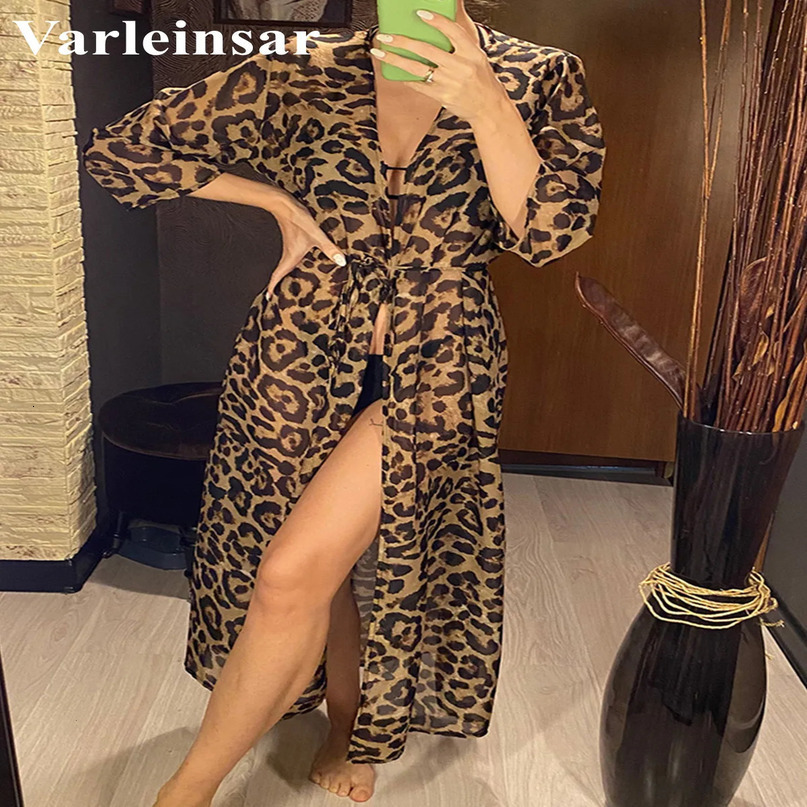 Sexy Leopard Printed Beach Cover Up Chiffon Coverups Swimwear Wear Summer Beachwear Female Women Long Dress V3219 250106