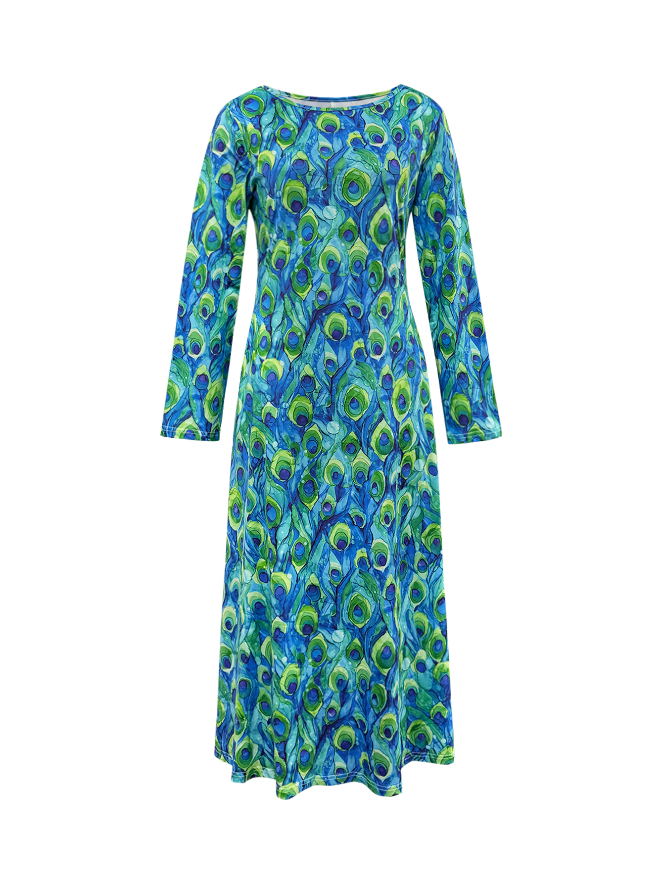 Women's Autumn Winter New Peacock - Printed Midi Dress with Pockets - Elegant & Versatile Peacock Blue Dress-CF56336