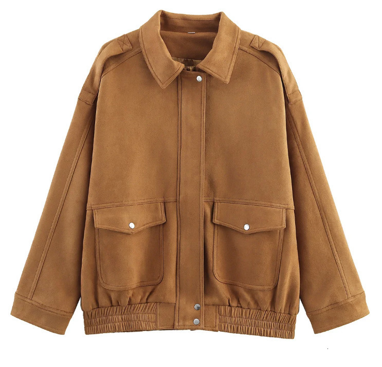 Fashion Loose Khaki Suede Jacket Women Lapel Zipper Long Sleeve Pockets Coat Female 2025 Spring Autumn Vintage High Street Tops 250827