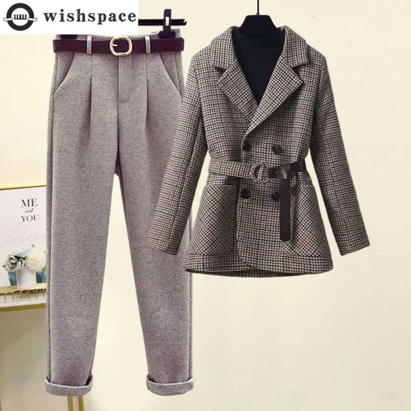 Korean style belt decoration retro jacket casual pants twopiece elegant womens office set 241115