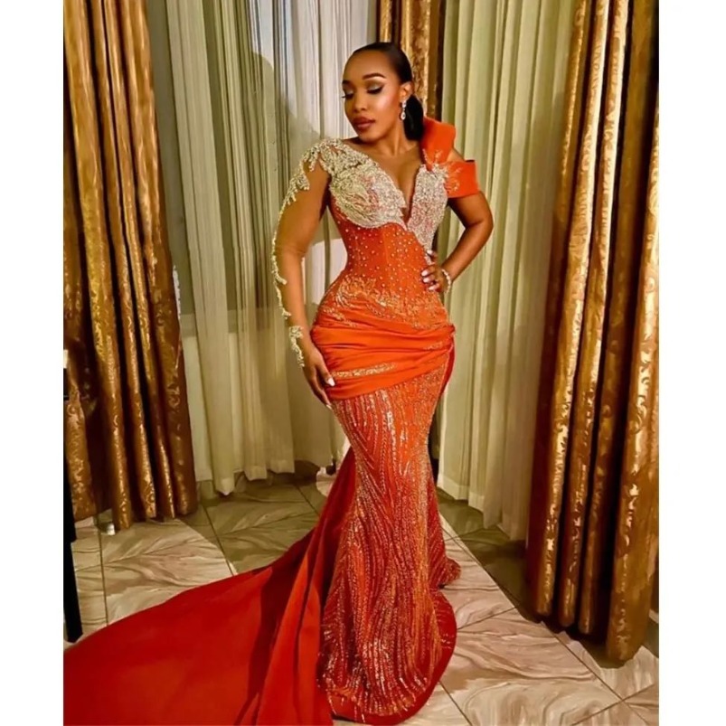 African Orange Plus Size Prom Dresses 2025 New Beaded Lace Sheer Long Sleeves Formal Party Dress Black Women Birthday Gowns