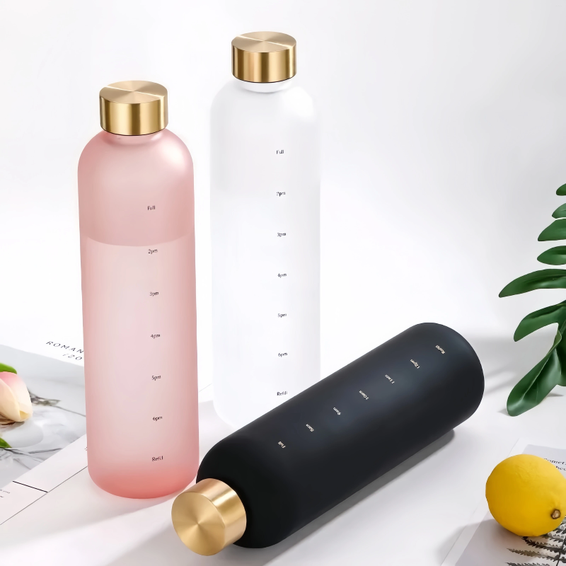 Water Bottles 2pcs Bottle With Time Marker 32 OZ Motivational Reusable Fitness Sports Outdoors Travel Leakproof BPA Free Frosted Plastic