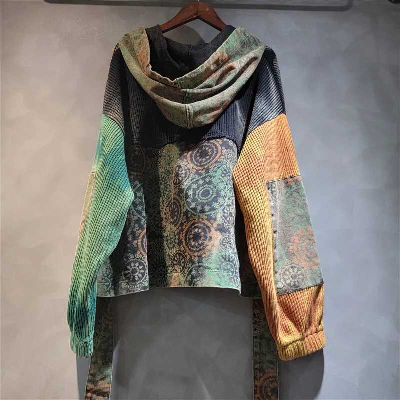 DEAT Women Hooded Pullover Patchwork Knitted Sweater Denim Printed Short Front Long Back Hoodie 2025 New Fashion Autumn 29A2289 L2510108ALU