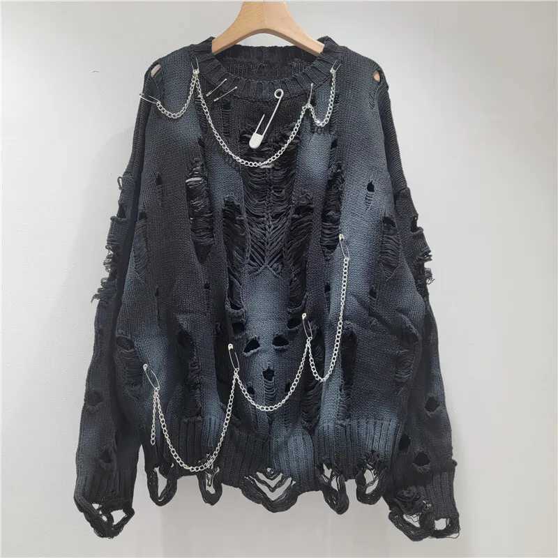 DEAT Womens Knitted Pullover Tiedye Holes Chains Pins Loose Long Slve Oneck Sweaters 2025 New Fashion Autumn 29A2729 L2510102QVT