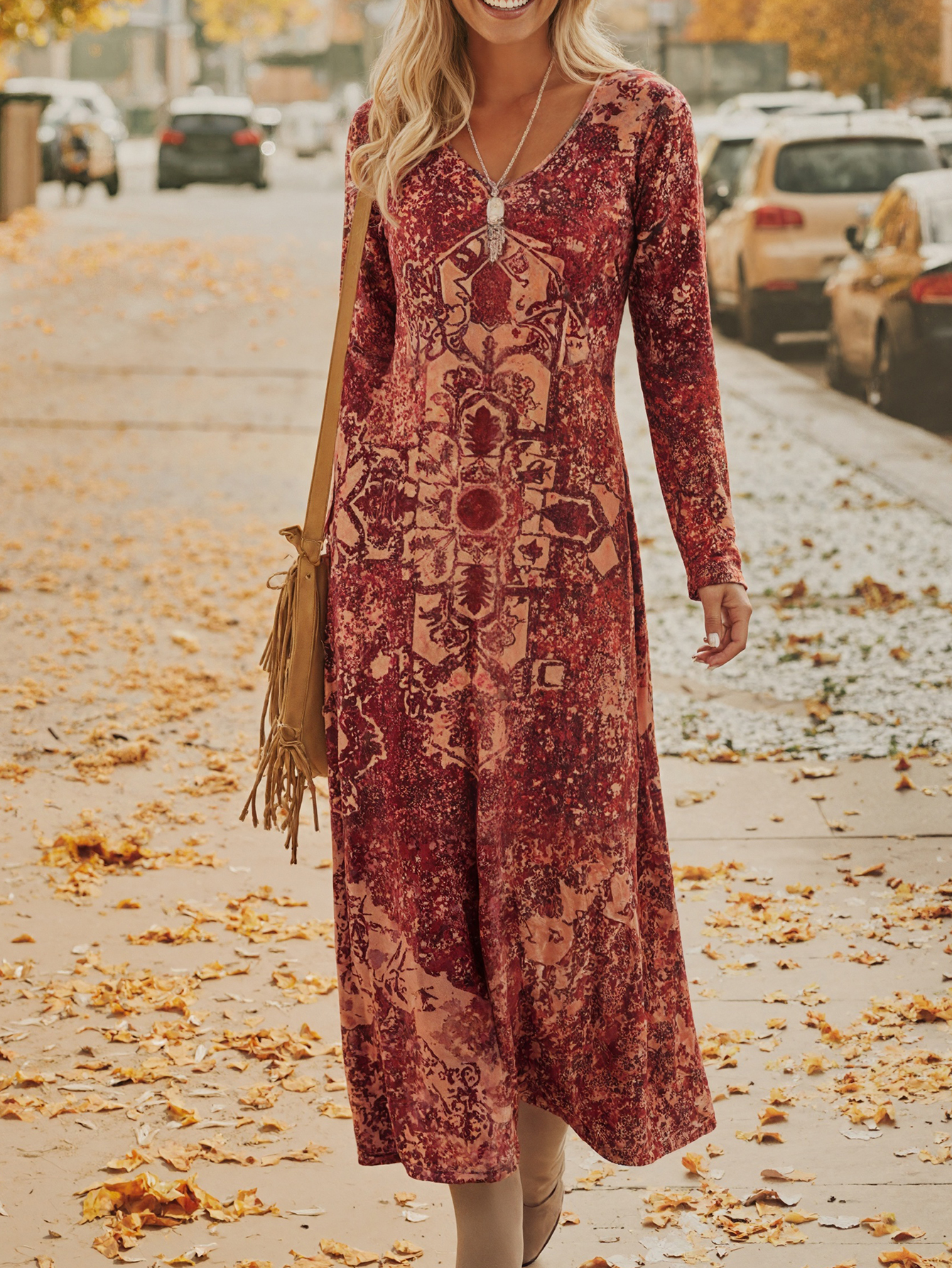 Women's Autumn Winter Retro Printed Midi Dress - Casual Versatile Elegant Office - Wear Brick - Red Dress-CF56328