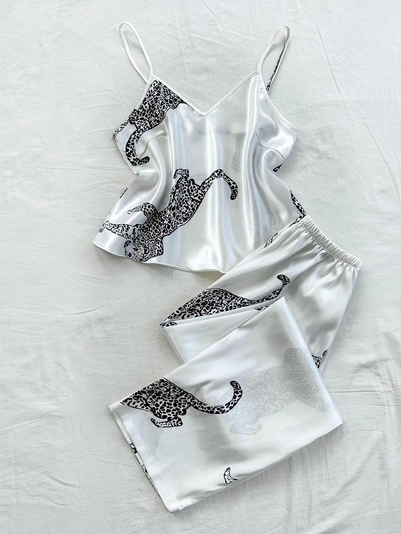 Comfortable Fashionable 2pcs VNeck Leopard Print Suspender Long Pants Pajama Set Y251010