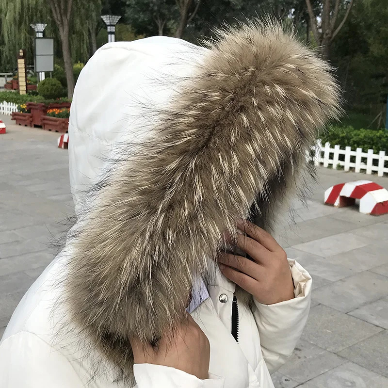 Real Fur Collar for Coat Parka Winter Natural Raccoon Fur Scarf for Jacket Warm Furry Hood Trim with Buttons 251011