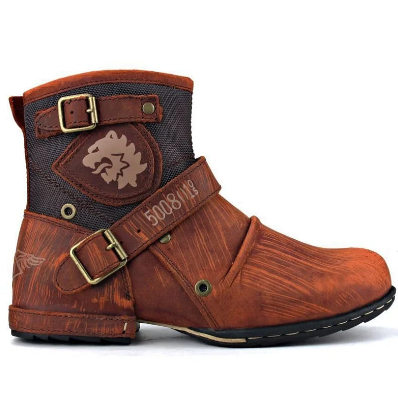 Mens Ankle Boots High Quality Cowboy Boots Men Metal Buckle Side Zipper Motorcycle Boots Gothic Boots Retro Western Boots 251010
