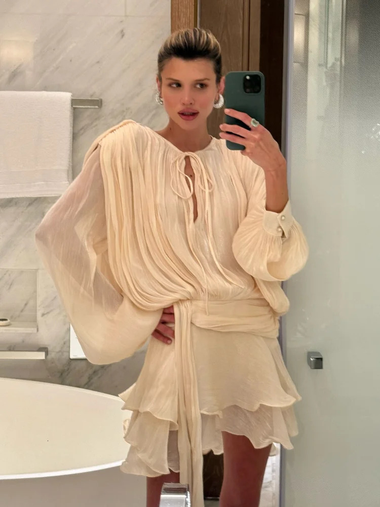 Fasion Mesh Layered Ruffle Dress Sexy Long Sleeve Lace Up Bodycon Mini Dresses 2025 Chic Summer Night Club Party Gown 251009