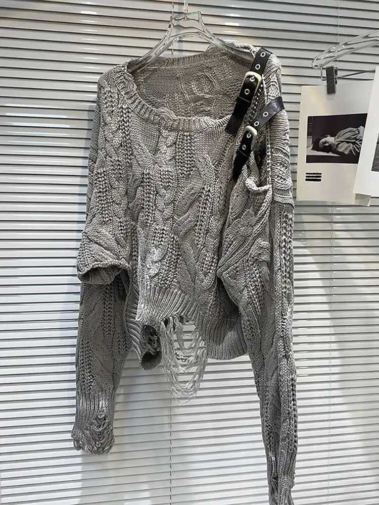 DEAT Womens Sweater Off Shoulder Loose Knitted Holes Long Slve Irregular Pullover 2025 New Fashion Summer 11A0891 L251010E7FM