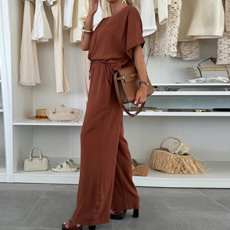 Fashion Oneck Pullover with Long Pants Suit Women Casual Short Sleeve Loose Two Piece Set Elegant TieUp Solid Outfits w250729