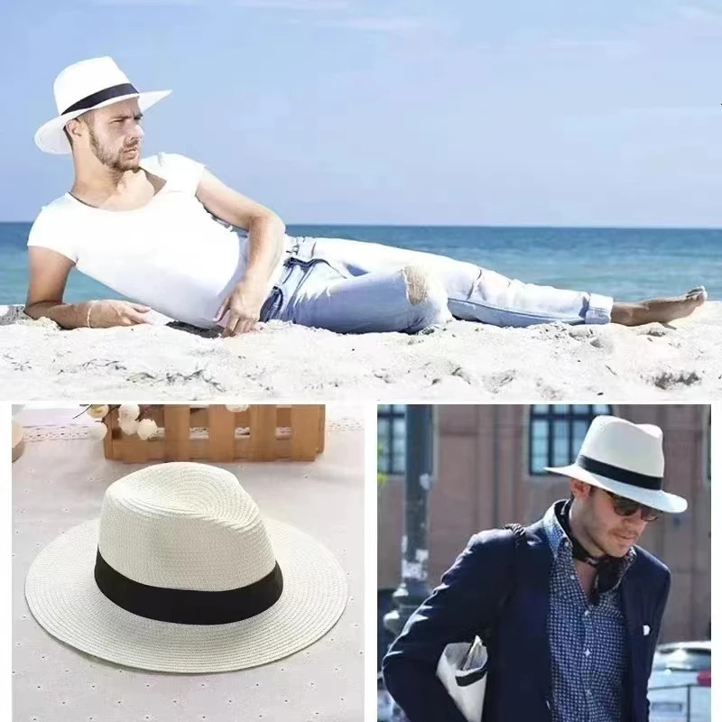 Large Size 5557 6162cm Natural Panama Straw Hat Summer Men Women Wide Brim Beach UV Protection Fedora Sun Hat Wholesale 251010