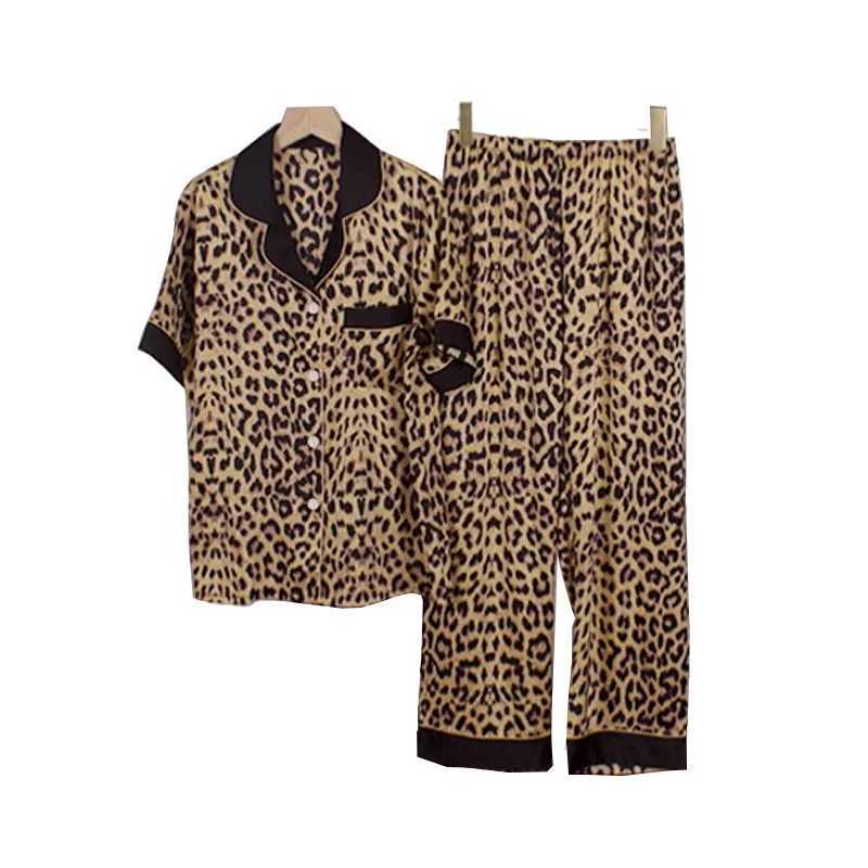 Spring and Summer Ladies Ins Korean New Sexy Leopard Ice Silk Pajamas Young Ladies ShortSleeved Long Pants Home Wear Nightgowns Y251010