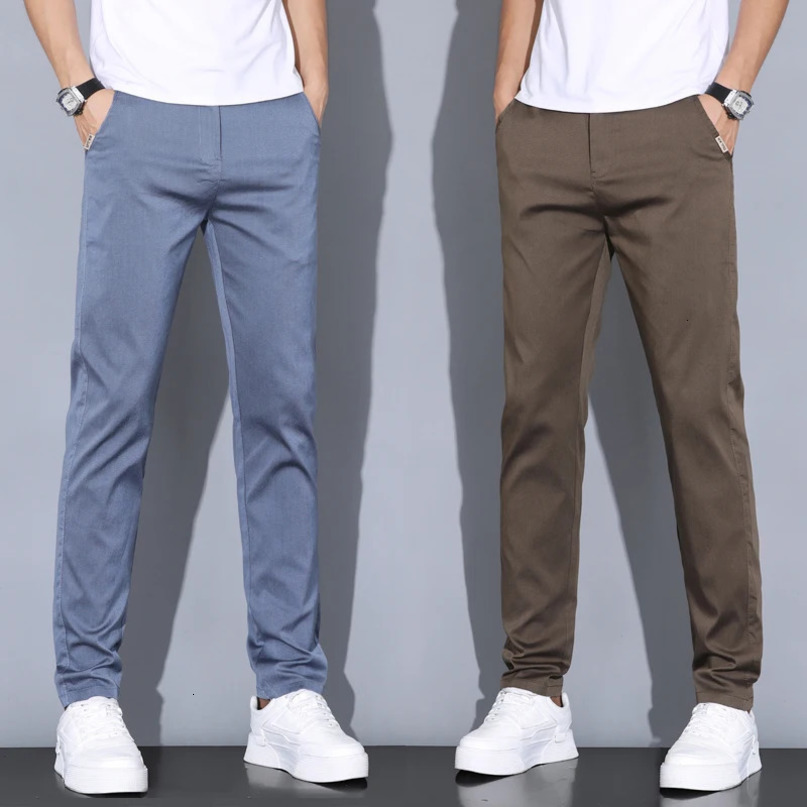 Summer Ultra Thin Mens Straight Casual Pants Elastic Waist Trouser Solid Color Clothing Coffee 250313