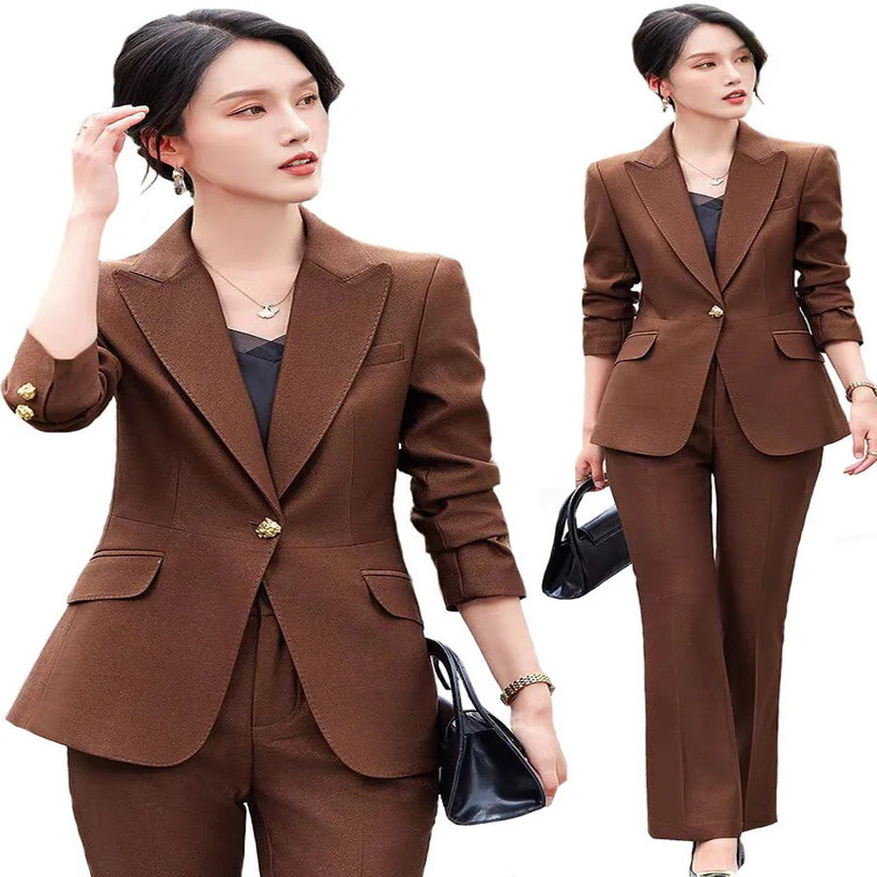 Office womens formal pants set 2piece green coffee long sleeved business workwear jacket and Trouser 241115