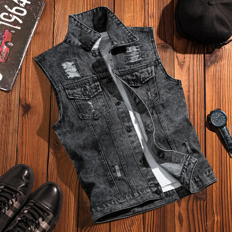 Spring Autumn Men Lapel Denim Vest Mens Casual Sleeveless Jeans Jacket Male Streetwear Solid Color Waistcoat D706 250207