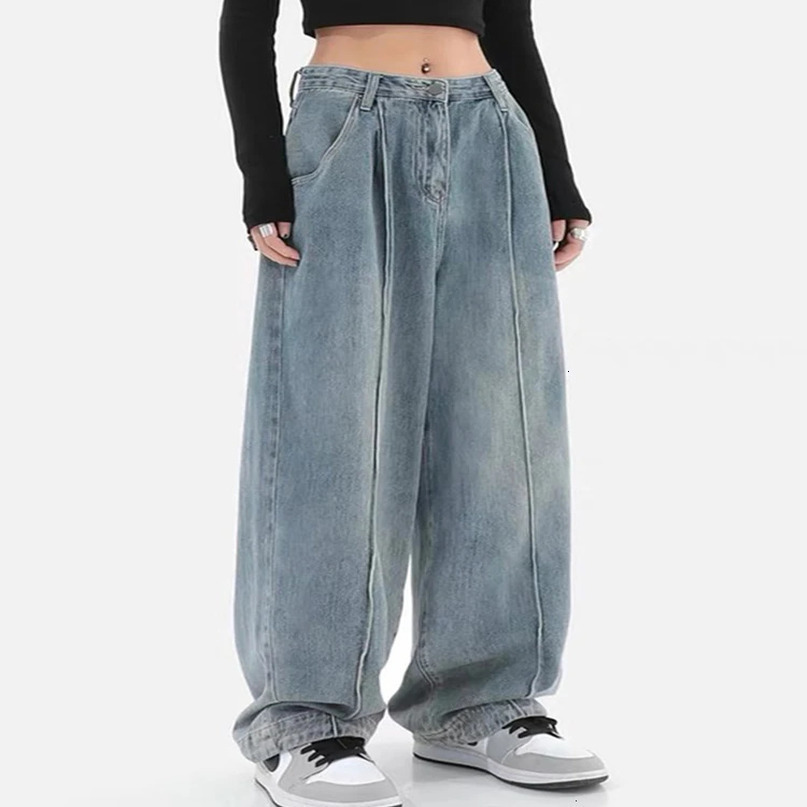 Y2k Light Blue Women Harajuku Jeans Wide Leg Loose Casual Vintage Denim Cargo Pants Baggy Streetwear Long Trousers 250612